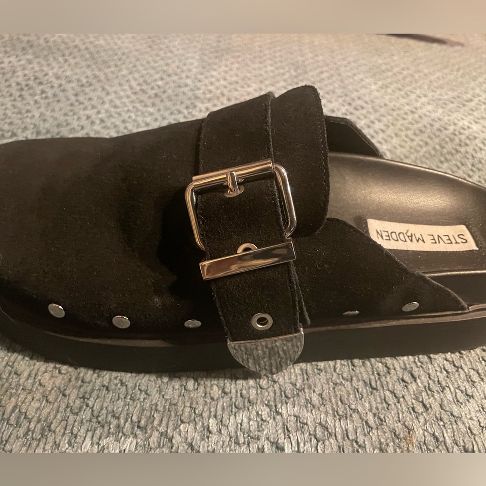 Steve Madden Black Suede Slide with Silver Buckle